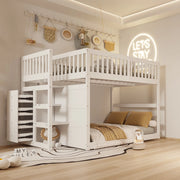 Letto a castello basso bianco in legno con scomparti portaoggetti 140x200 cm