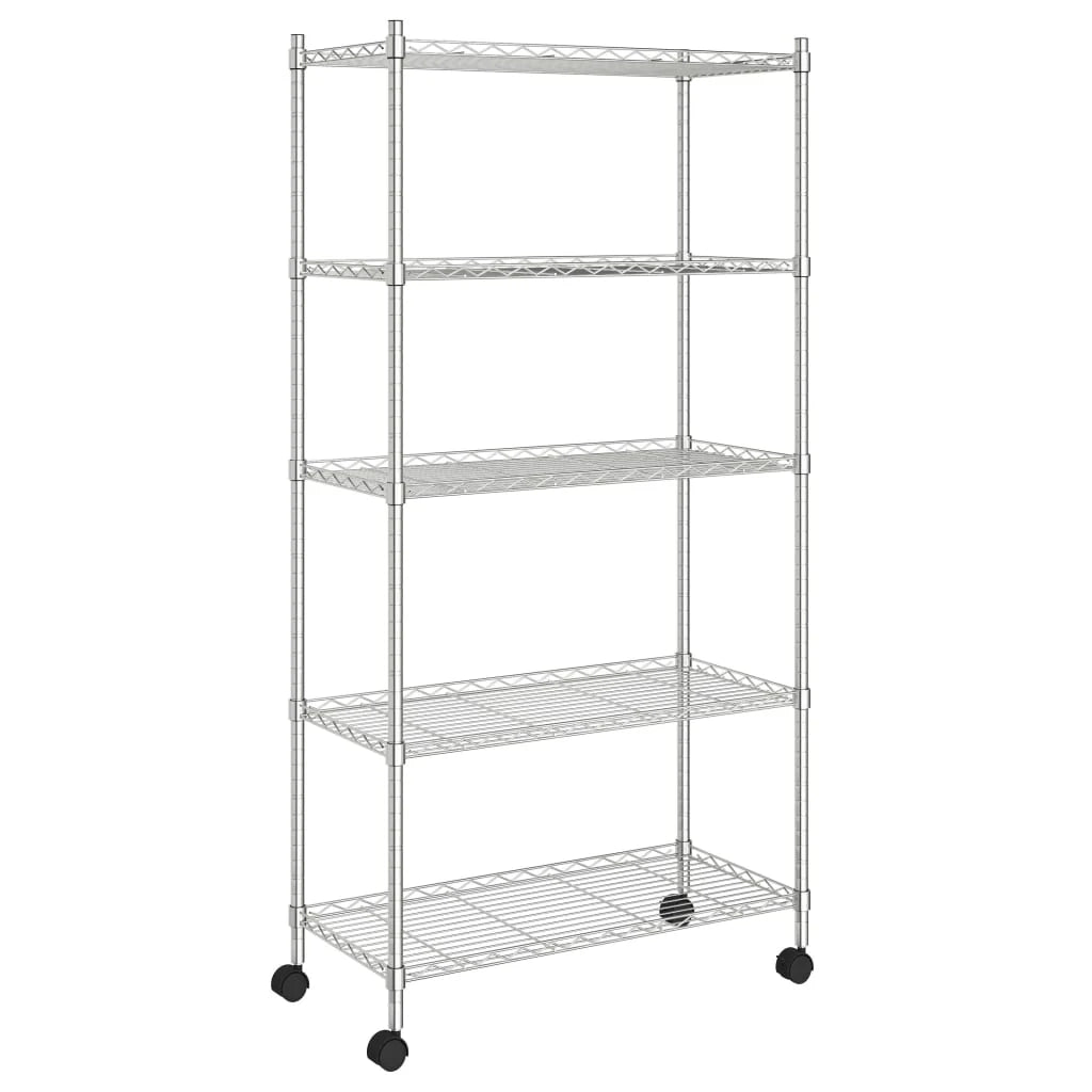 Scaffale portaoggetti a 5 ripiani con ruote 75 x 35 x 155 cm cromato 250 kg argento 02_0045701