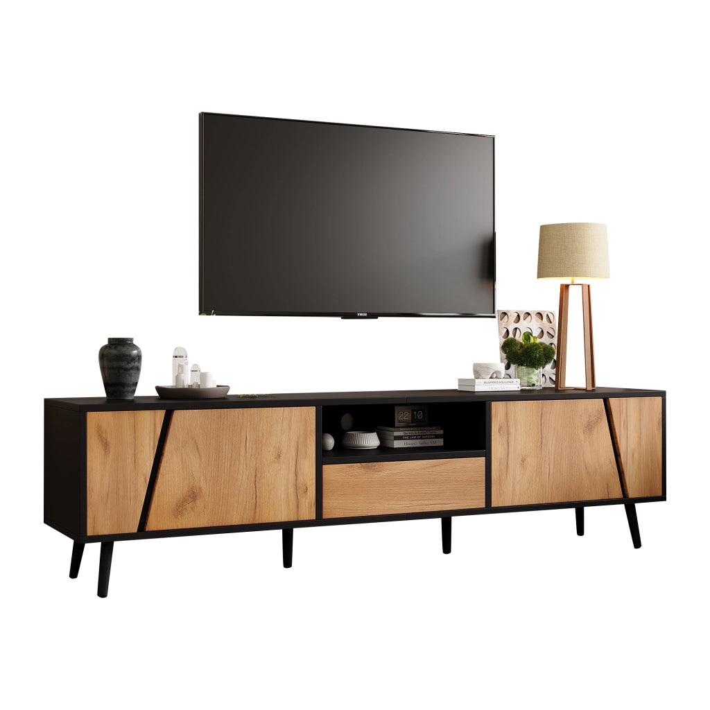 Mobile TV con 2 Ante; 1 Cassetto e Vano Semiaperto; per Soggiorno; 180 x 40 x 46 cm; Nero e Naturale