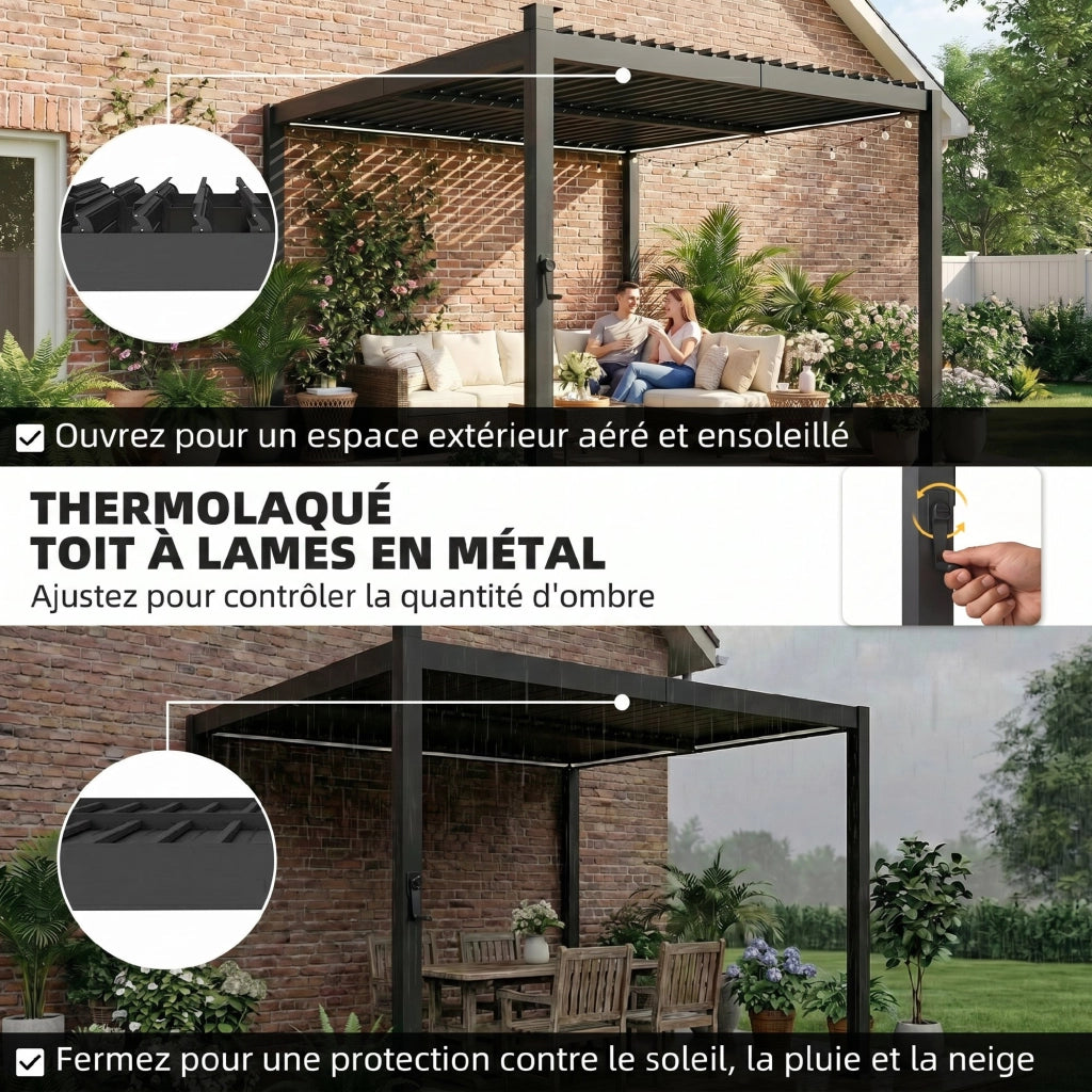 Pergola bioclimatica 3x3m con luci LED solari e grondaie ¨C zephmum ¨C nero