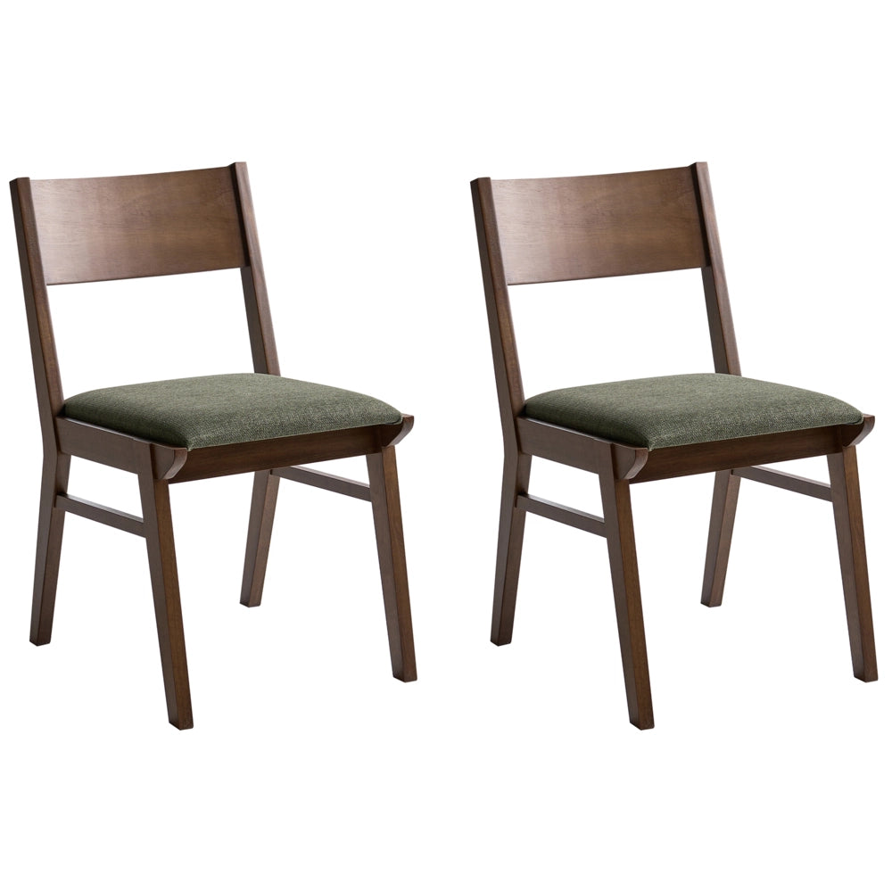 Set di 2 sedie da pranzo con struttura in legno di gomma marrone e verde scuro seduta in tessuto senza braccioli design retrò e tradizionale