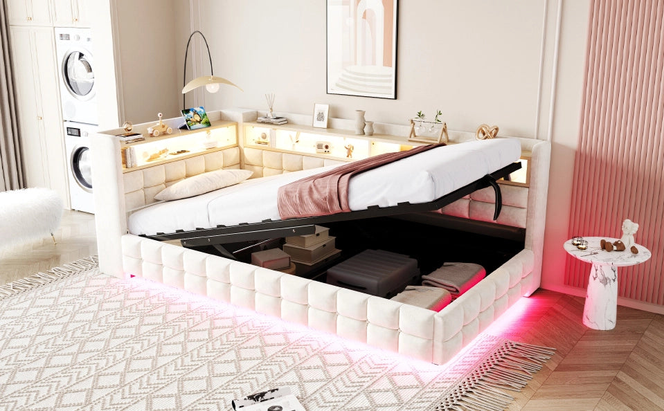 Divano letto imbottito ULEVR 90x200 cm con contenitore idraulico, LED, prese USB e Type-C, ripiani in velluto beige