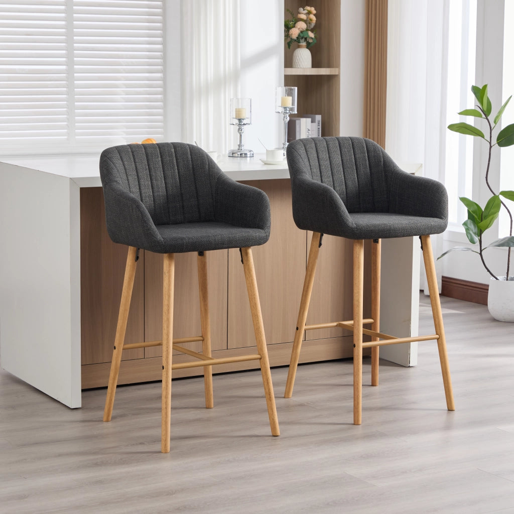 Sgabello da bar con schienale alto e braccioli set da 2 con poggiapiedi e gambe in legno in lino nero