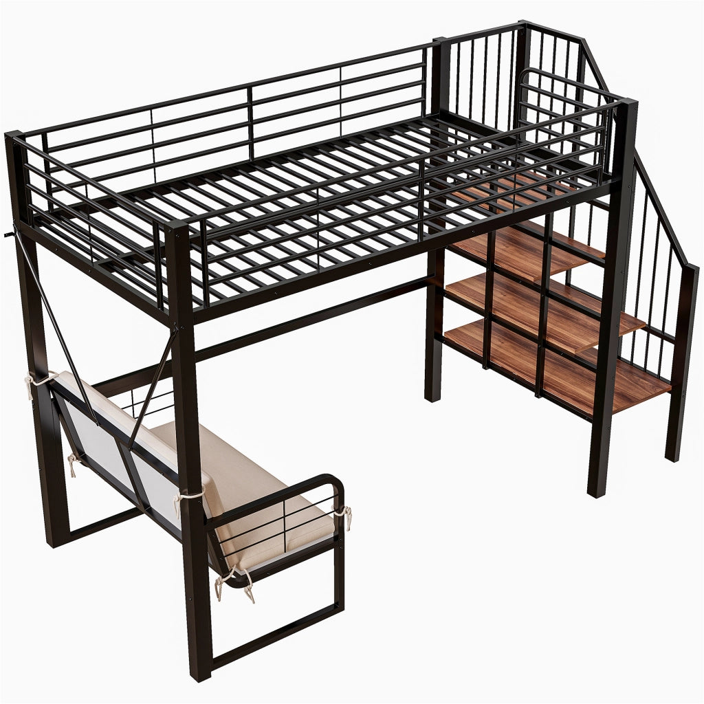 Letto a castello 90 × 200 cm con divano imbottito, scala con contenitore, senza materasso, metallo nero
