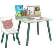SET SEDIA E TAVOLINO PER BAMBINI CON RIPIANO PORTAOGGETTI IN MDF E LEGNO DI PINO VERDE