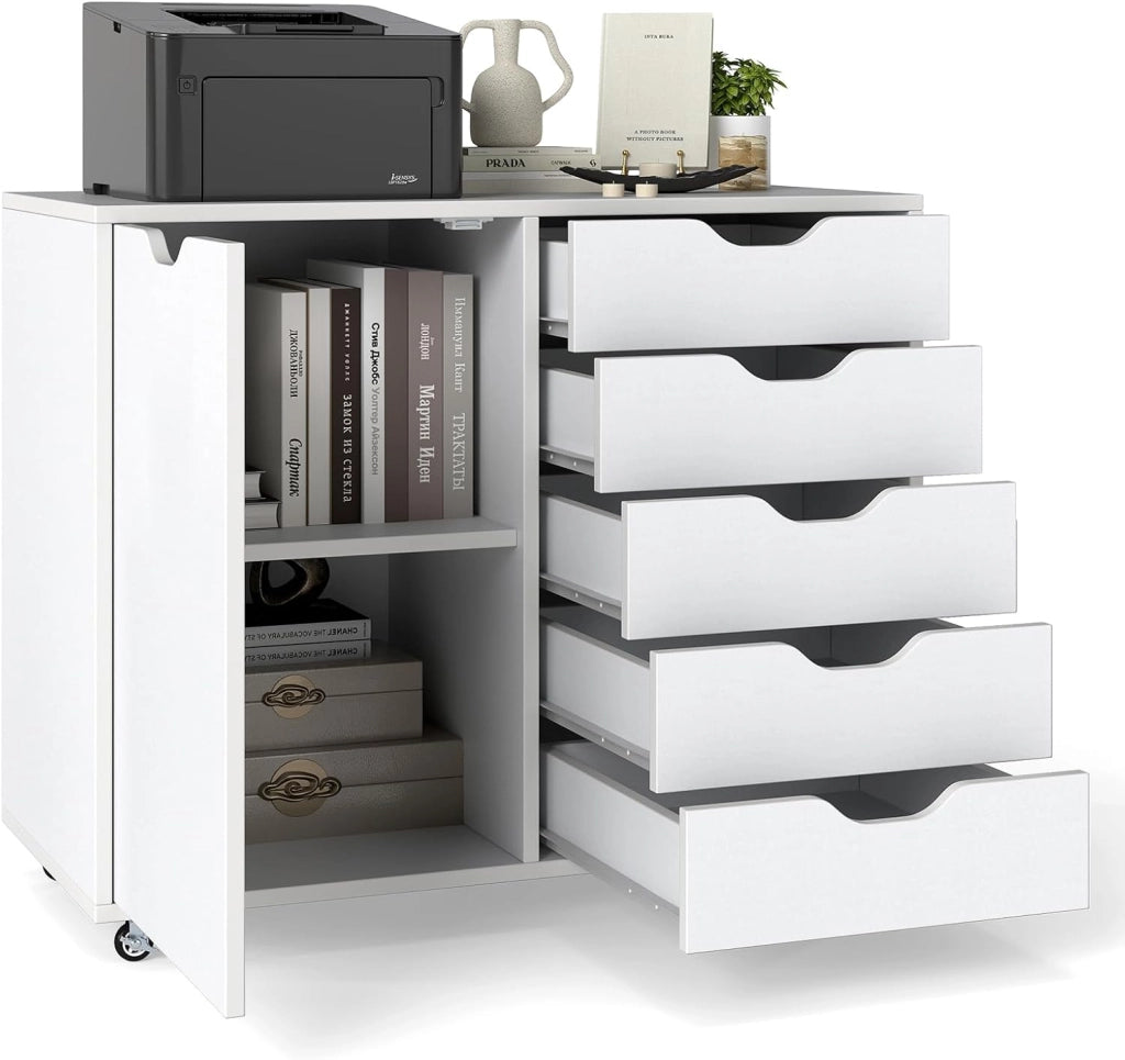 Cassettiera Ufficio con 5 Cassetti, Schedario Portadocumenti con Ruote Universali e Ripaini Regolabili, Mobile Porta Stampante in Legno per Studio, Camera da Letto, 79x39x65 cm (Marrone)