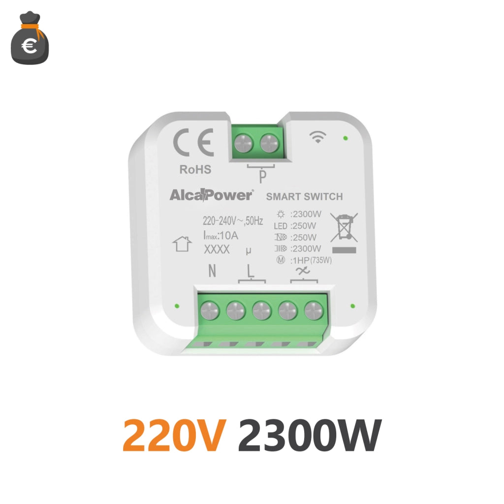 Alcapower Smart Switch 220-240V AC Interruttore Intelligente 2300W 10A Wi-Fi per Automazione Domestica e Controllo Carichi Elettrici - 44x44x22mm