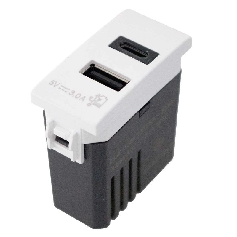 Modulo Presa Caricatore USB 5V 3A  USB-A + USB-C Colore Bianco Compatibile Con Bticino Living e Vimar Plana