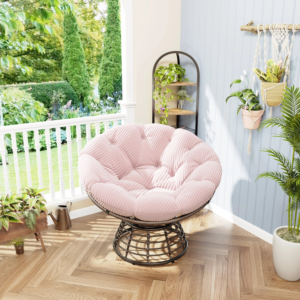 Poltrona Papasan Girevole Rotazione 360 con Cuscino Imbottito Spesso Design Ergonomico in Acciaio Rosa