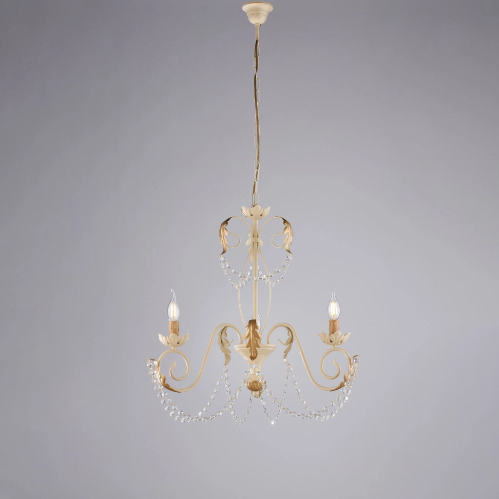 Lampadario in ferro laccato avorio con decorazione effetto decapè e rifiniture oro antico con strass in cristallo 3 luci