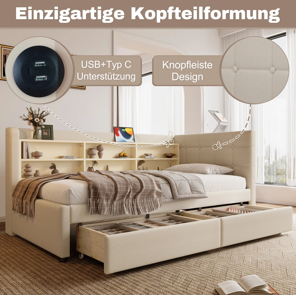 Letto singolo 90x200 cm con cassetti, USB e Type-C beige