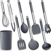 Set di accessori da cucina 9 pezzi in silicone - set di accessori da cucina con contenitore di conservazione - accessori da cucina in acciaio inossidabile con maniglia a manubrio - resistente al calore e con rivestimento antiaderente