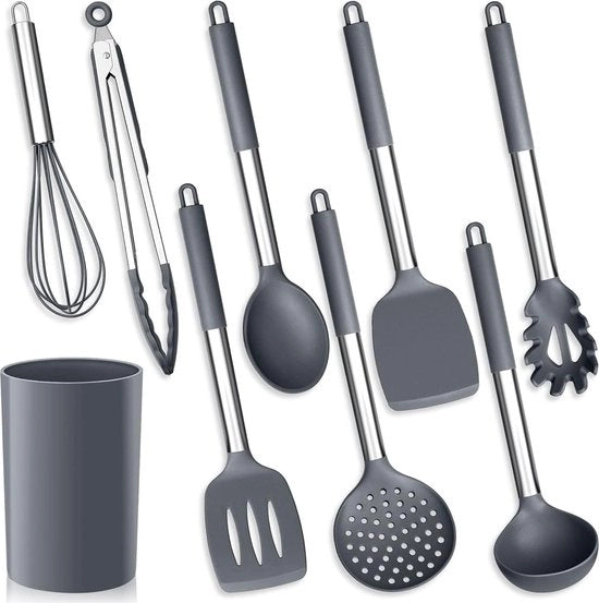 Set di accessori da cucina 9 pezzi in silicone - set di accessori da cucina con contenitore di conservazione - accessori da cucina in acciaio inossidabile con maniglia a manubrio - resistente al calore e con rivestimento antiaderente