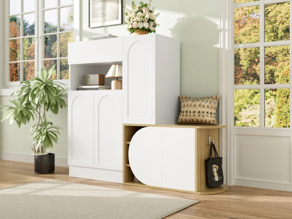 Mobile scarpiera con panca, 1 cassetto, 5 ante e vano aperto, per ingresso, in MDF, bianco, 130 × 35 × 110,5 cm