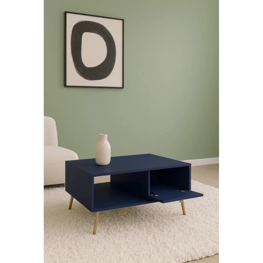 Table bassa design AZURÉA – Scomparto + 1 anta ribaltabile – Blu profondo – 87x43x66 cm