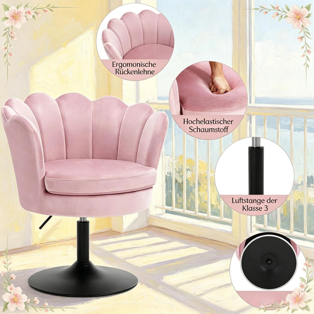 Poltrona girevole da trucco a forma di fiore con altezza regolabile e braccioli, in velluto e metallo rosa