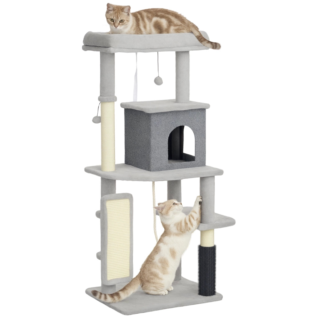 Albero Tiragraffi Multilivello Alto 132 cm con Casetta e Lettino in Peluche e Sisal Grigio