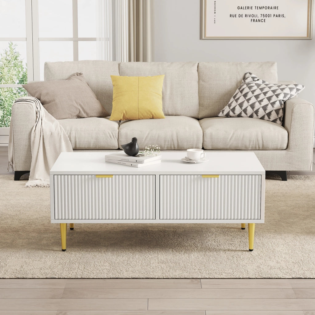 TAVOLINO DA SALOTTO 100x50x40 cm Bianco/Oro con 2 Cassetti