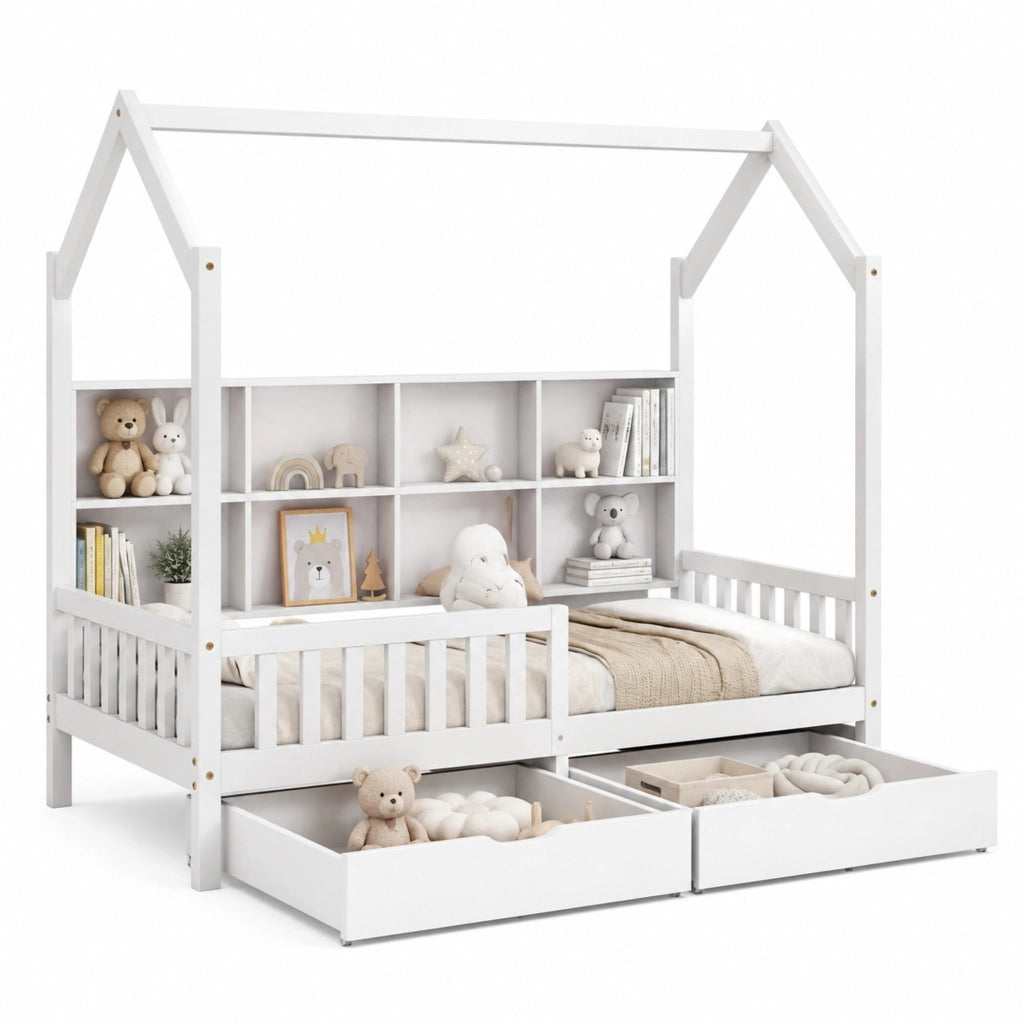 Letto a casetta per bambini in legno di pino con 2 cassetti, scaffale posteriore e sponde, 90x200 cm, bianco