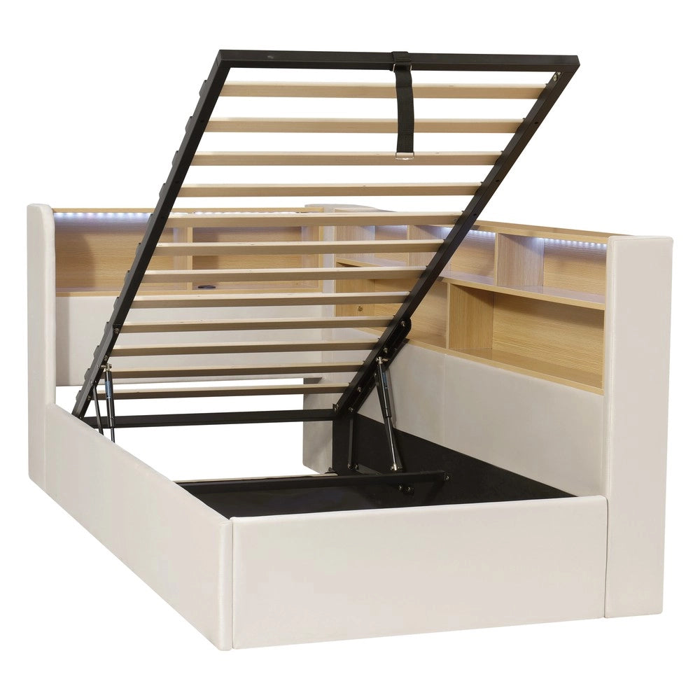 Letto imbottito contenitore con LED ¨C Minimal ¨C Beige velluto 90x200 cm con idraulico