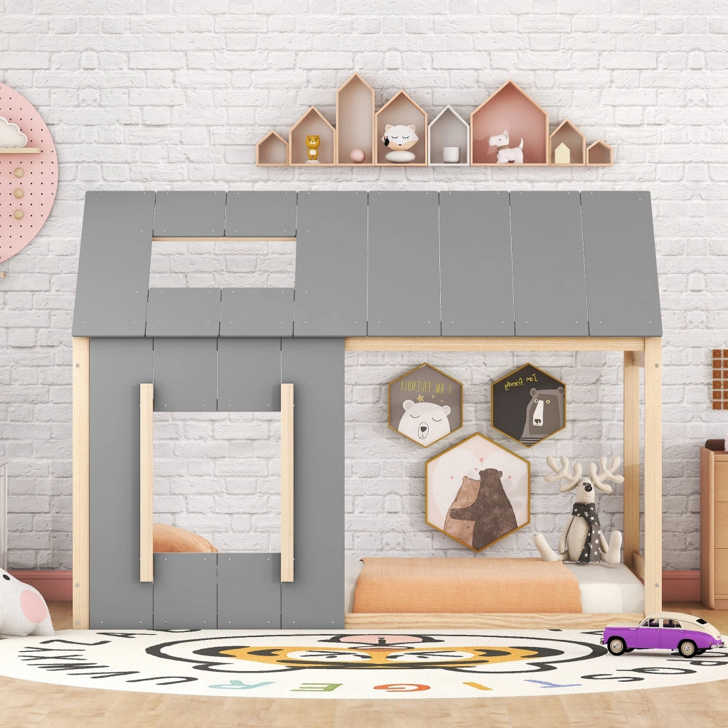 Letto a forma di casa naturale e grigio in pino 90x200 cm