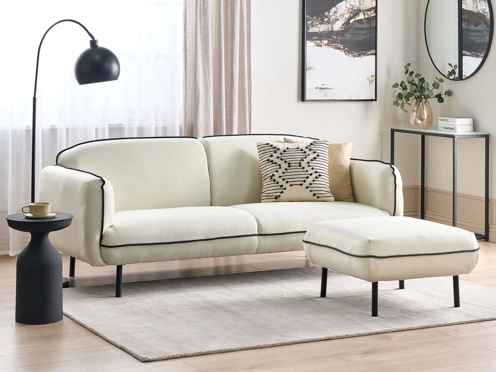 Divano a 3 posti con ottomana Tessuto beige chiaro Morbide gambe in metallo nodoso Bordi decorativi neri Stile arte decorativa retro glam
