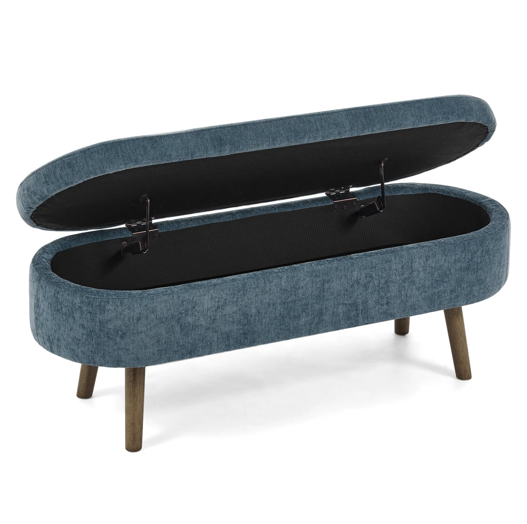 Panca contenitore ovale in ciniglia blu 110x40x42 cm