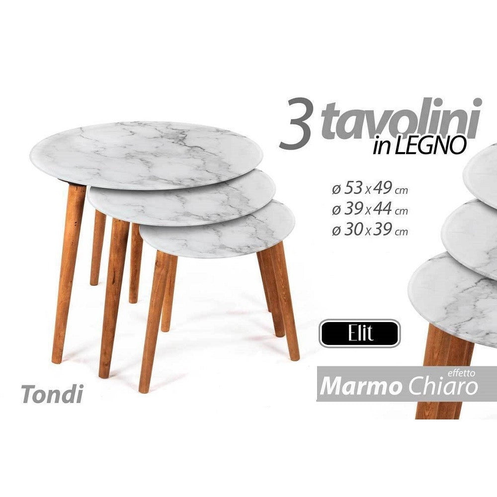 Trade Shop - Set 3 Tavolini Effetto Marmo Piedi Legno Salotto Moderno Tondi ø53-39-30cm 839429 -
