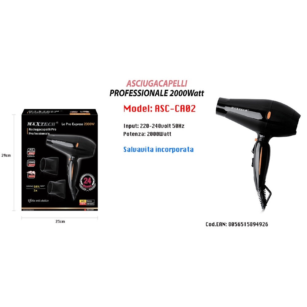 Trade Shop - Asciugacapelli Professionale Phon 2000w Fono 3 Temperature 2 Velocità Piega Asc-ca02 -