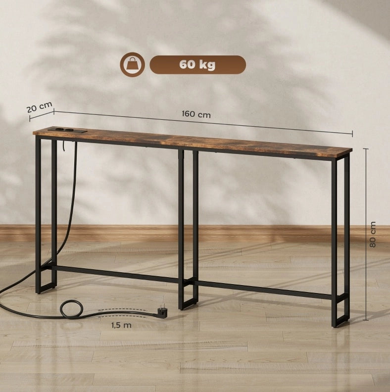 Tavolo consolle stretto con prese AC; USB e USB-C; 160 x 20 x 80 cm; marrone
