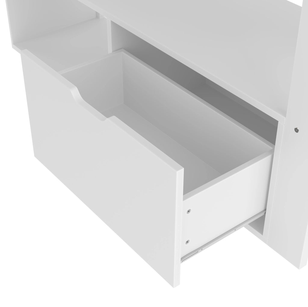 Letto a soppalco 140x200 cm con scrivania; LED e cassetto in pino; bianco