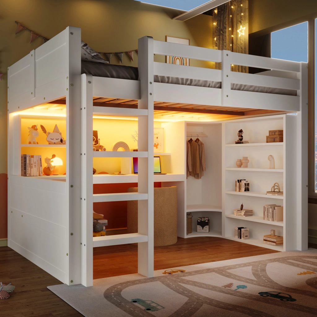 Letto a castello bianco in pino con luci LED armadio scrivania e cassetti 140x200 cm