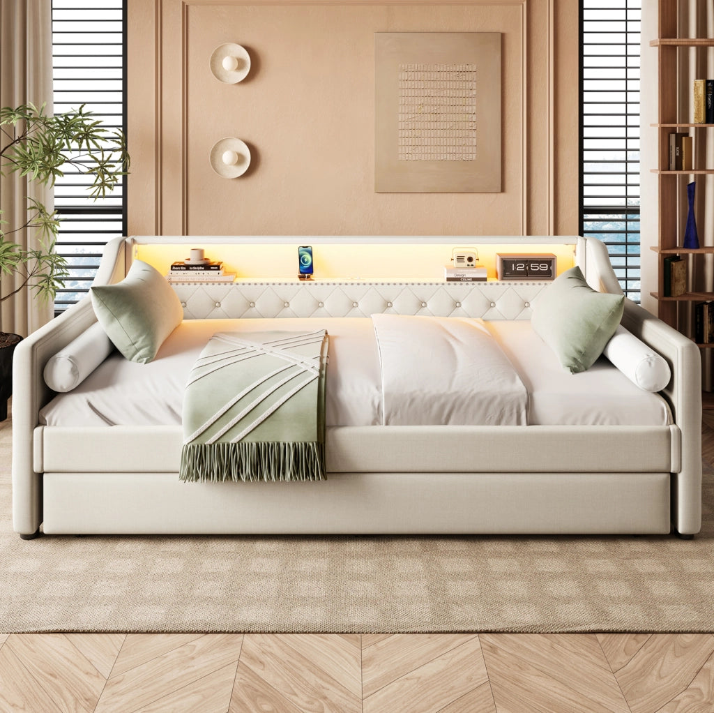 Letto da giorno 90x200 cm con LED; letto estraibile e USB in lino beige