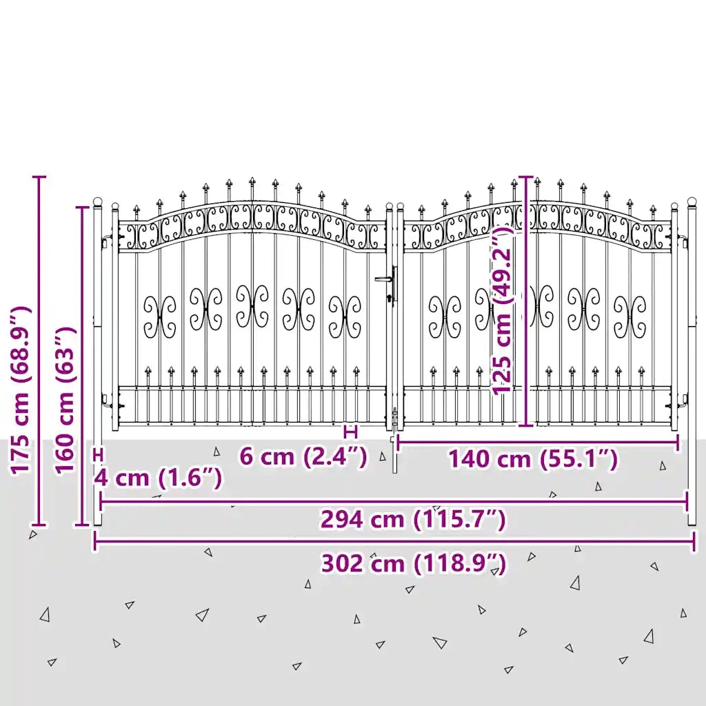 Cancello con Punta a Lancia KAMPEN 305 x 125 cm Acciaio Grigio 42009044