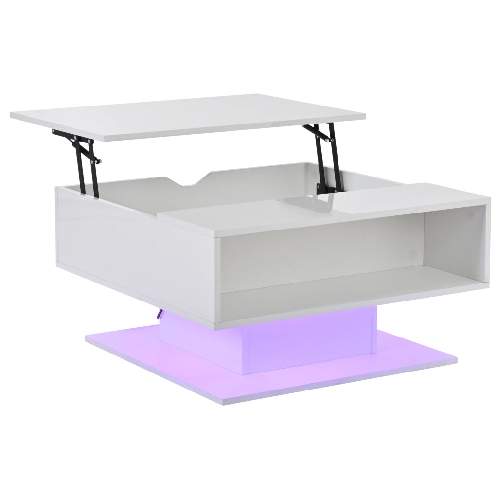 Tavolino da caffè sollevabile 80 x 75 x 40 cm con LED; contenitore nascosto; bianco