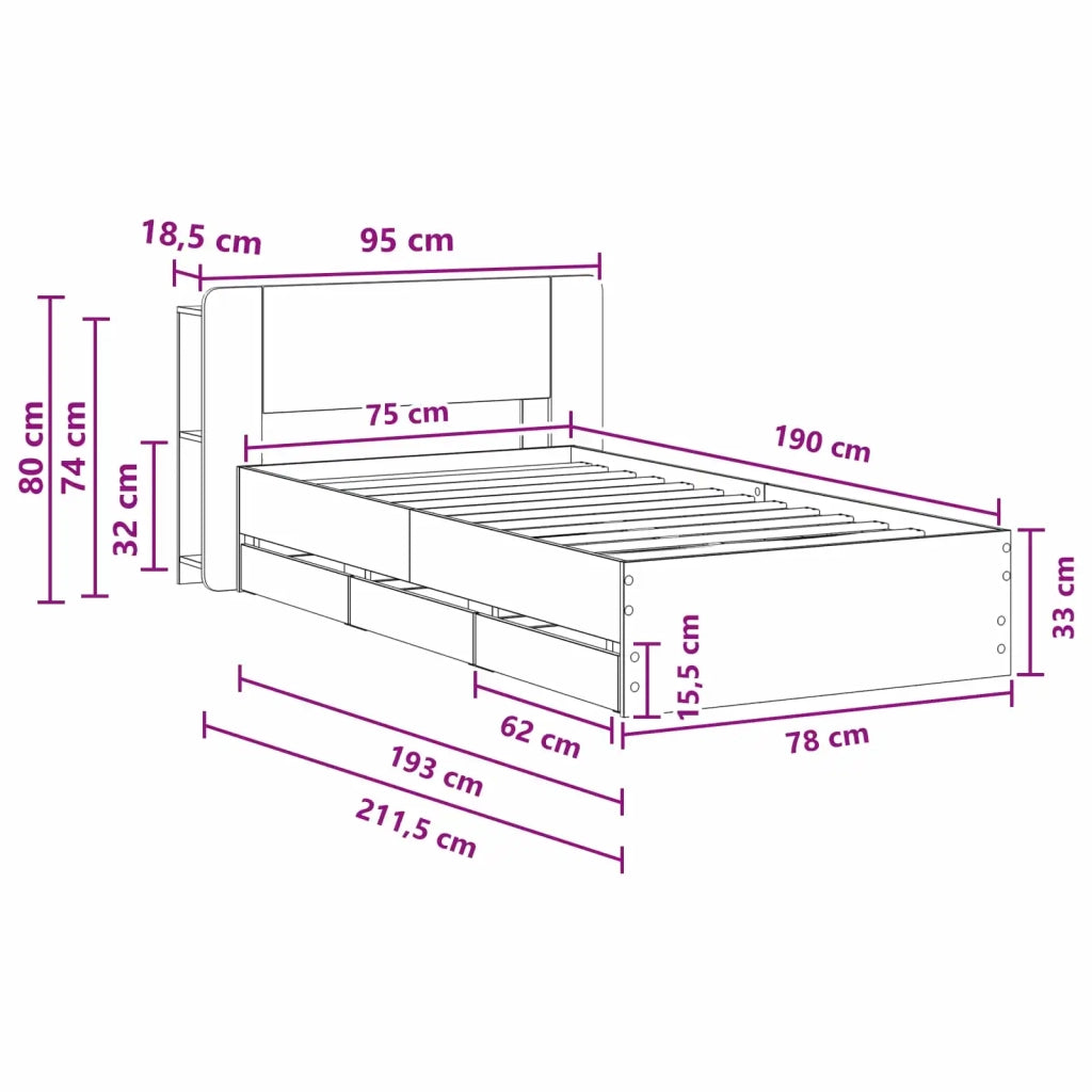 Telaio del letto con storage con testiera Bianco 75 x 190 cm