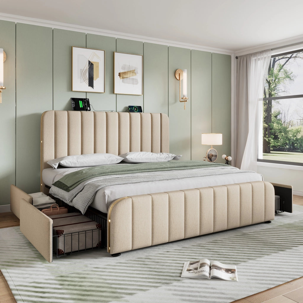 OKWISH Letto con Cassetti 180×200 cm, Letto Matrimoniale con 4 Cassetti, USB, Tipo C e Testiera Imbottita, senza Materasso, Beige