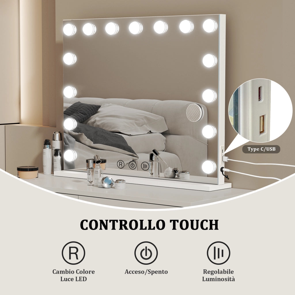 Specchio per il trucco con luce ,18 lampadine LED,3 modalit¨¤ di luce, intensit¨¤ regolabile,controllo touch,porta USB/tipo C,60*80*3cm