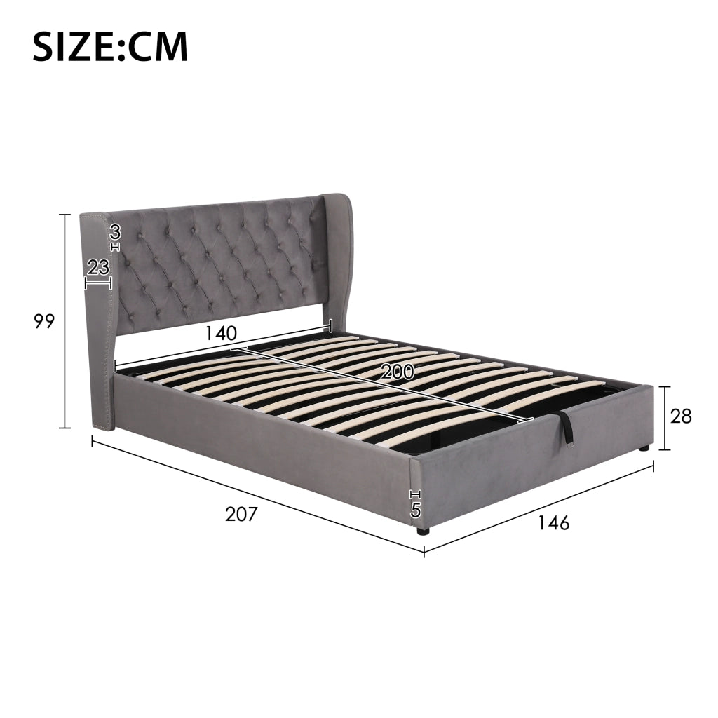 Letti contenitori 140x200 cm; contenitore idraulico; velluto grigio (Senza materasso)
