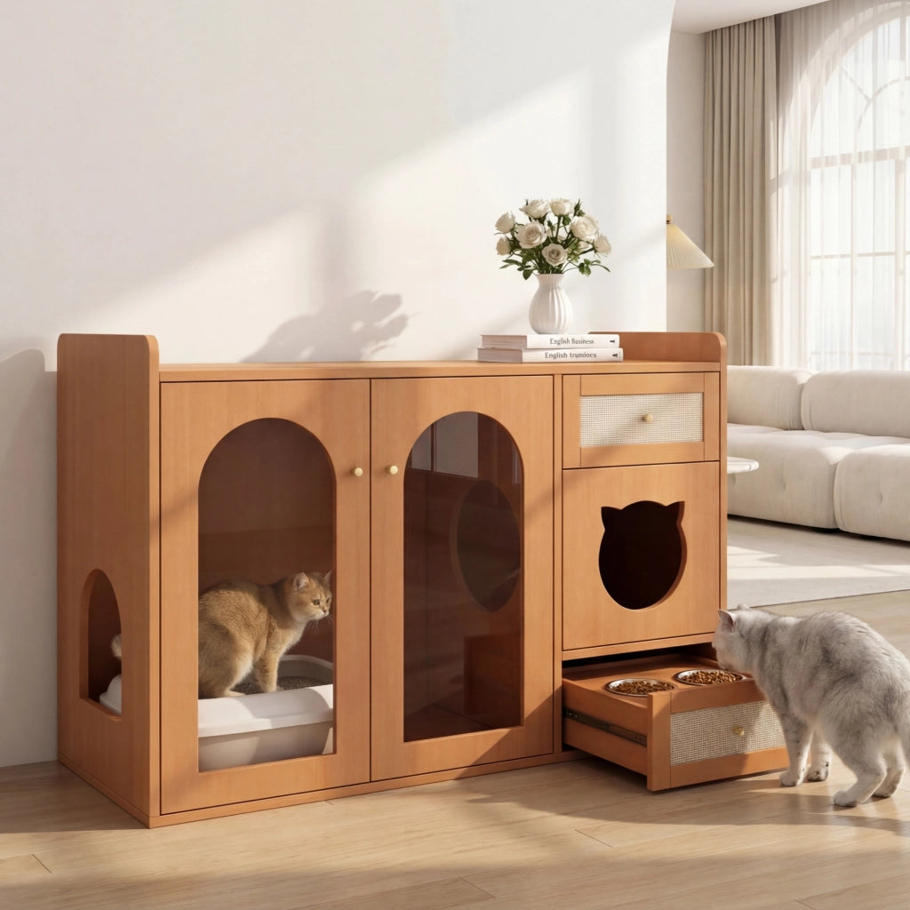 Armadio multifunzione per gatti, 120x45x83 cm, colore noce, con ciotole, zona riposo e spazio contenitore. Esclusi lettiera e cuscino.