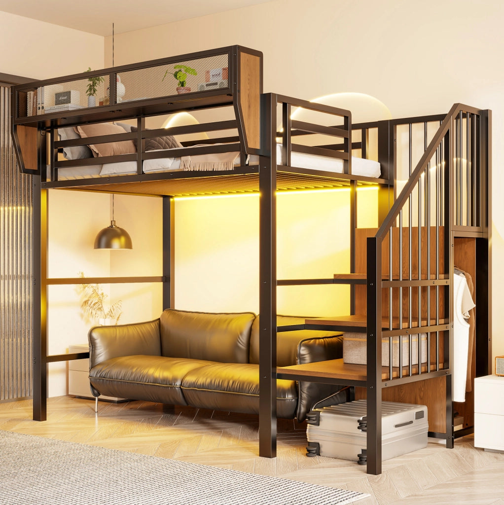 Letto a soppalco 90x200 cm in metallo e MDF; con scala di sicurezza; LED e ripiani; nero