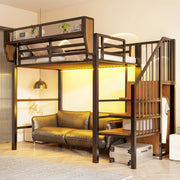 Letto a soppalco 90x200 cm in metallo e MDF; con scala di sicurezza; LED e ripiani; nero