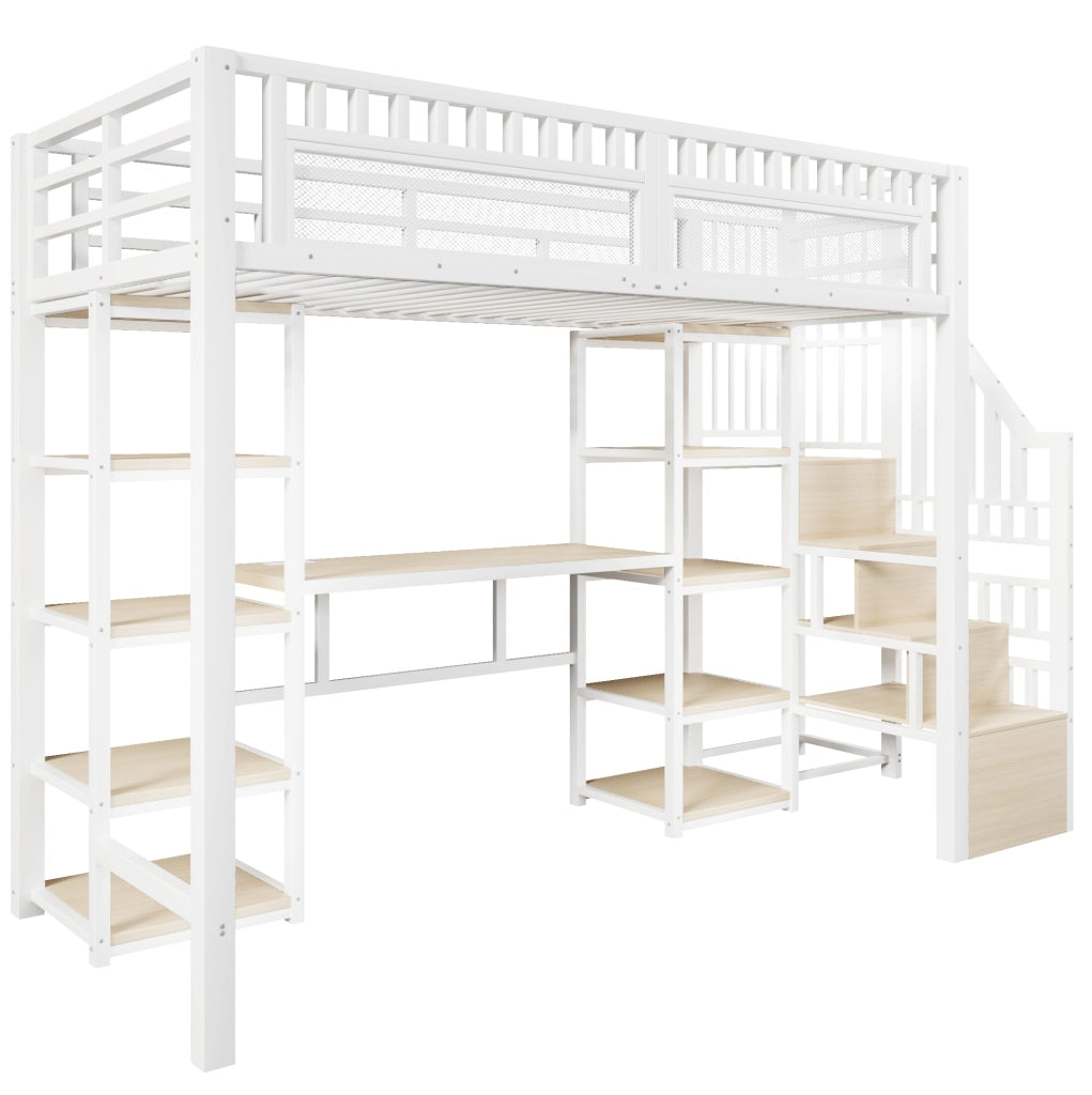 Letto a soppalco ULEVR 90x200 cm con scrivania, LED e USB, scala con vano contenitore, bianco