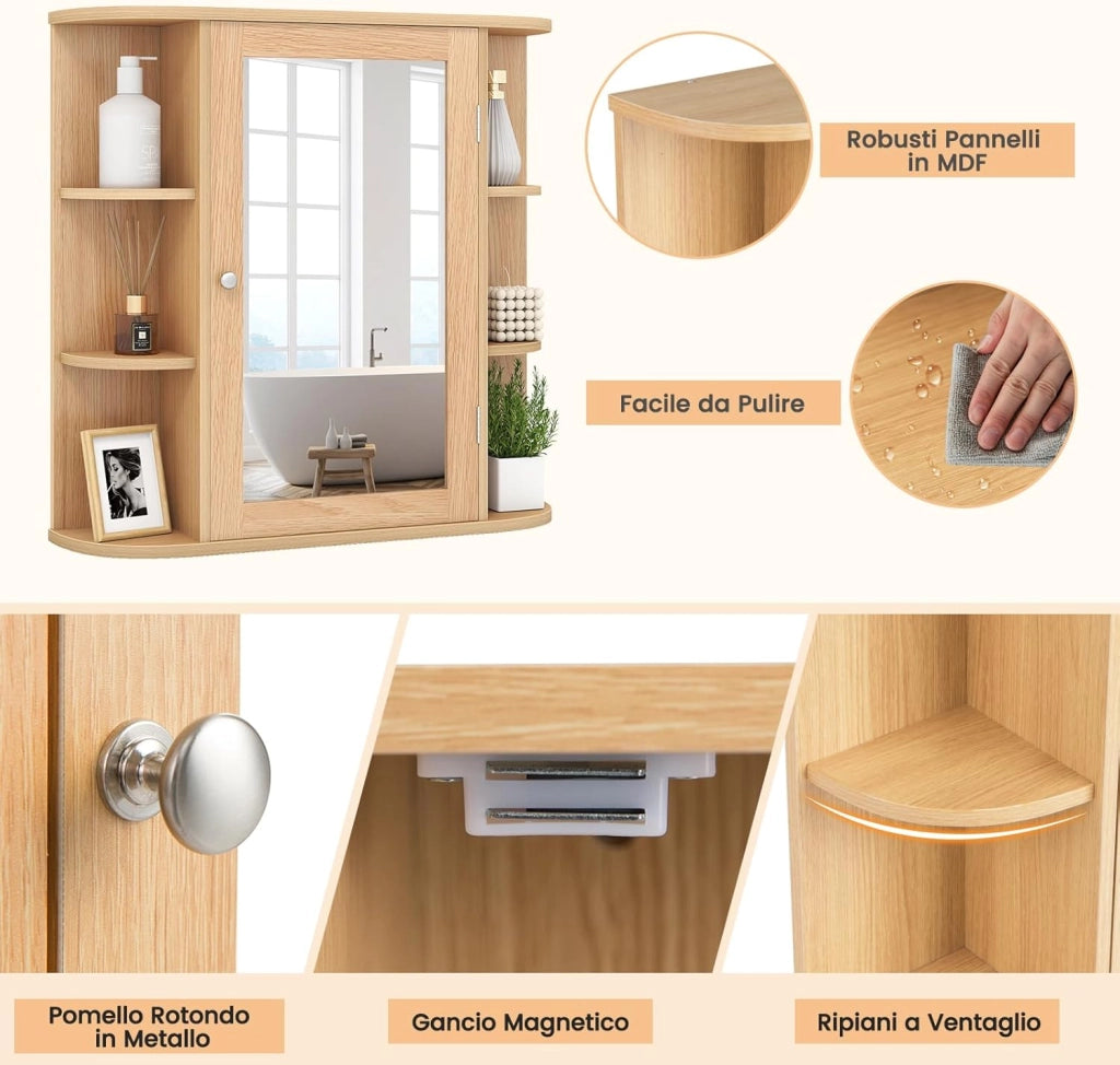 Specchio Bagno Contenitore 66 x 17 x 63 cm, Mobile bagno in Legno Appeso con Mensole Regolabili e Ante, Armadietto Multiuso dei Medicinali per Bagno, Salone e Cucina (Naturale)