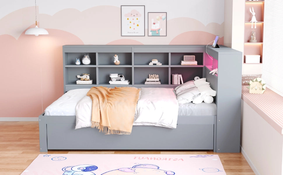 DESMIU Letto matrimoniale 140 × 200 cm 2 posti con USB, LED, ripiani e vani, senza materasso, in legno, grigio