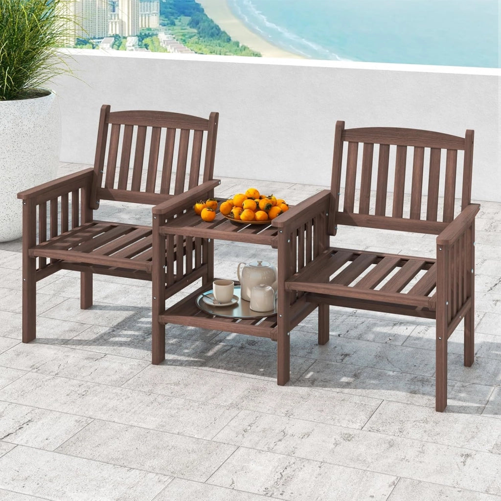 Set da giardino 3 pezzi, 2 persone, set da giardino con sedie a doghe, tavolino a 2 livelli, foro per ombrellone da 5 cm, per balcone, terrazza, giardino (marrone)