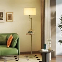 Lampada da Terra Moderna con Mensola, Paralume in Lino, Interruttore a Catena e Porta USB Ø40x170 cm, Oro