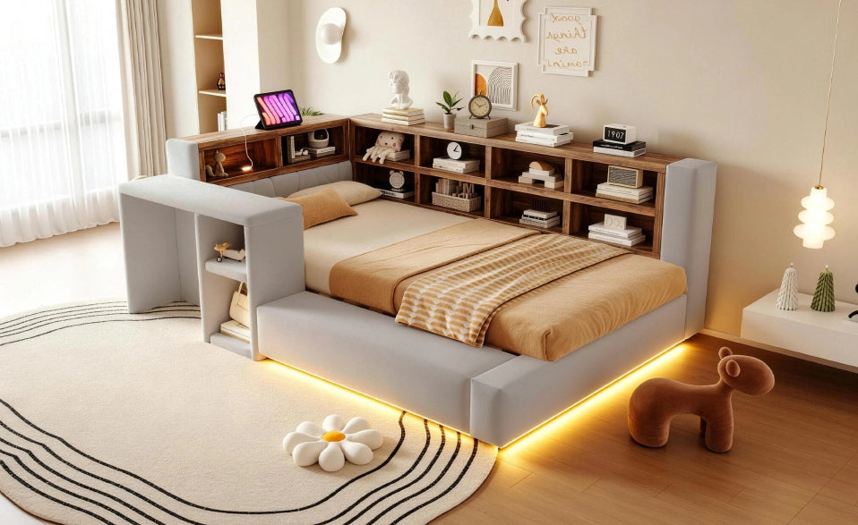 Letto imbottito 90x200 cm con LED, prese integrate e capiente testiera salvaspazio grigio chiaro
