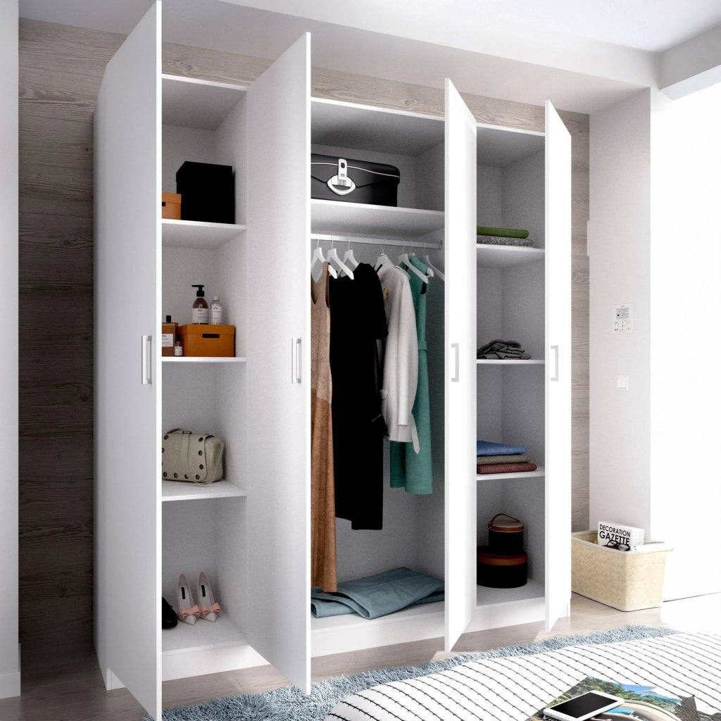 Guardaroba Persefone, Mobile appendiabiti per camera da letto, Armadio a 4 ante battenti, 200x52h215 cm, Bianco