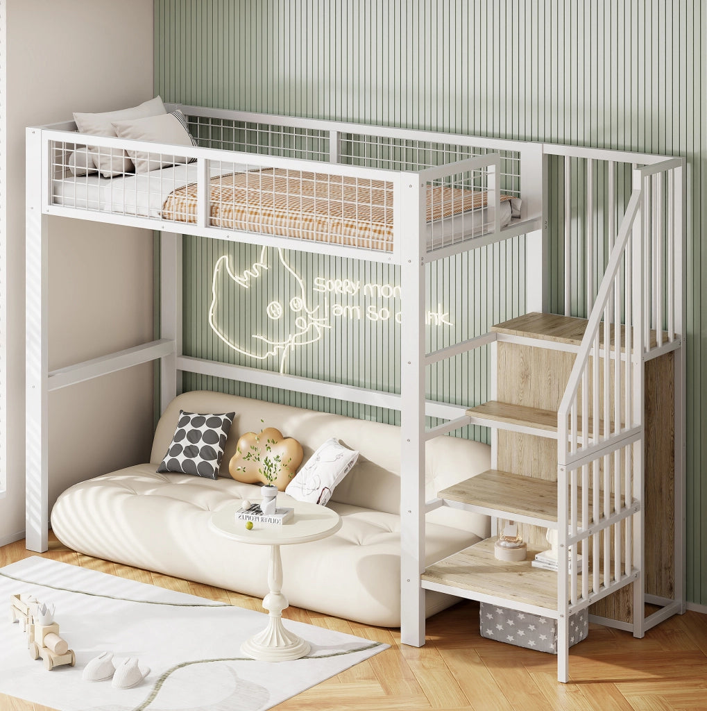 Letto a soppalco per bambini 90x200 cm bianco con armadio